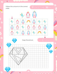 Activity Pages for Kids. Printable Activity Sheet with Unicorn Activities –  find the way, copy the picture. Vector illustration.