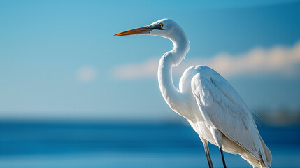 Great Egret standing against a blue sky.
