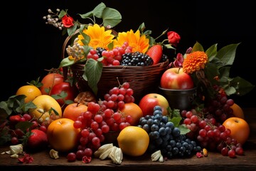 still life with bunches of grapes, berries and fresh and juicy fruits against a dark old wooden background, rural vintage style, the concept of fresh and healthy food