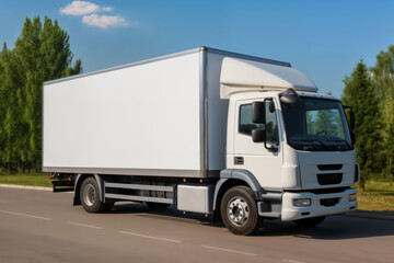 A white truck is driving on the road against the background of a summer landscape