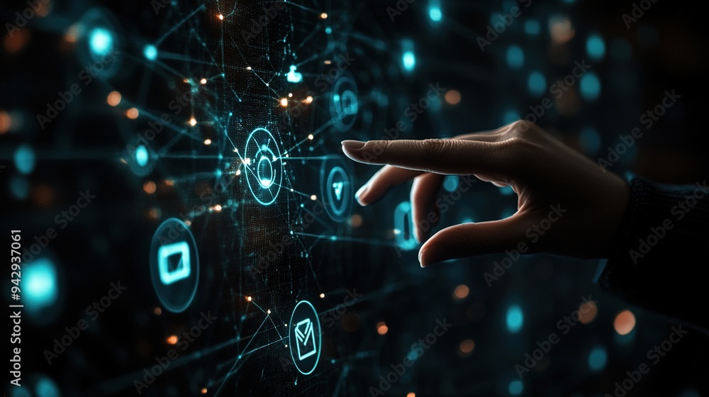 Poster hand touching virtual screen with data network connection and social media icons on dark background,