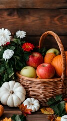 A woven basket filled with apples, pumpkins, and flowers is surrounded by white pumpkins and autumn leaves on a rustic wooden background.