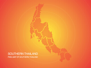 Orange pixel map of Southern Thailand on orange background. Vector illustration.

