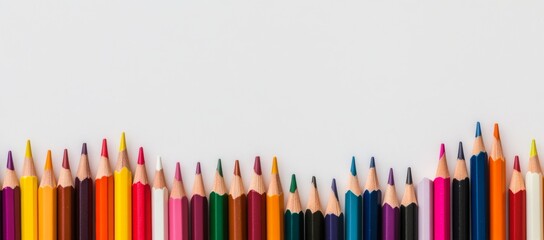 Row of colored pencils on a white background