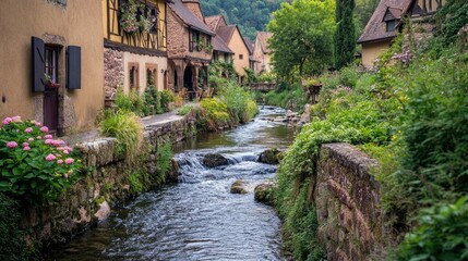 Tranquil stream flowing through a picturesque European village, plenty of copy space.