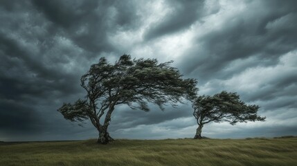 Fototapeta premium Wind-swept trees under dark storm clouds, with plenty of space for copy.