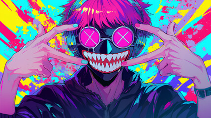 a man wearing a mask, anime style, cute kawaii, simple, smiling happy, neon psychedelic background