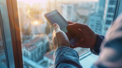 Business Professional Engages with Mobile Technology in Office Environment, Hands on Smartphone with Cityscape Background, Embracing Business and Lifestyle Integration, Communication Concept.