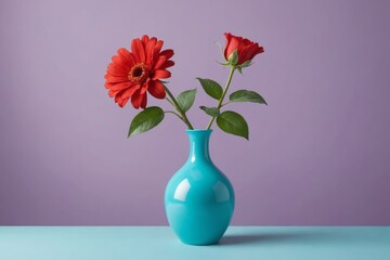 Turquoise vase and one bright red flower  pastel purple background