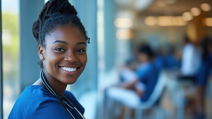 Fototapeta premium Happy African American nursing student studying at medical university and looking at camera. copy space for text.