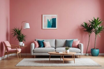 Interior of stylish living room with sofa, wooden table and pink wall