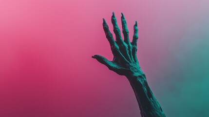 Neon zombie hand reaching up from the ground, glowing in a dark, foggy cemetery, spooky Halloween vibe