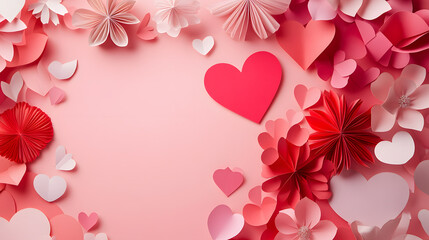 Fototapeta premium A pink background with paper hearts and flowers arranged around a large red heart in the center.
