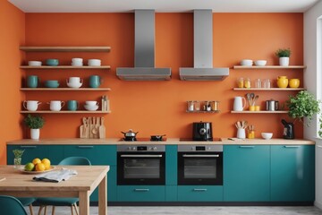 Colorful modern kitchen with Modern shelving and toaster