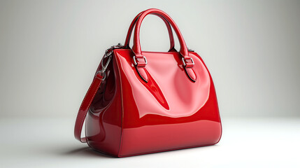 Women's red, glossy handbag with two handles and a shoulder strap on white background. The bag has a square shape and silver hardware