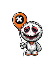 A sad cartoon monster with a large head and an orange balloon with an X on it.