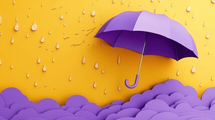 Purple Umbrella with rain and clouds vector 3d design on color background,Yellow parasol illustration with thunderstorm,rainny day,Clouds,lightning and raindrops in sky,Monsoon sale,banner template.