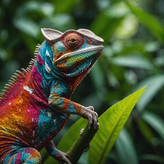 Obraz premium A detailed close-up of a chameleon with vibrant colors, perched on a tropical leaf with a rainforest background.