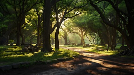 Naklejka premium Dollar tree grove with sunlight filtering through the branches