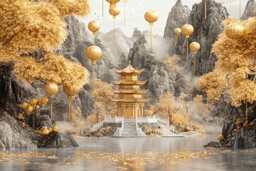 3D rendering of golden lanterns and golden leaves on trees. Temple on the mountain with water reflection
