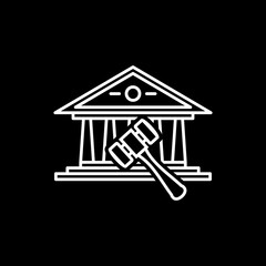 Heritage old building with judge gavel law firm building icon vector. Justice symbol vector line outline illustration. Museum house. Court room with gavel icon.
