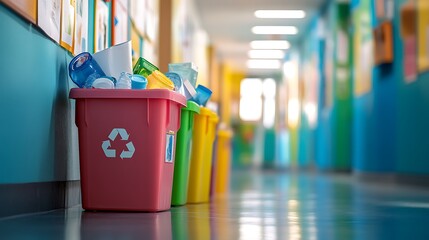 Eco-Friendly School Recycling Bin filled with Paper, Plastic Cups, and Lunch Containers in Colorful Hallway