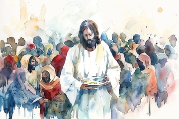 Watercolor Olive-Brown and Gold Minimalist Illustration - Jesus Feeds the Five Thousand, Sacred Art
