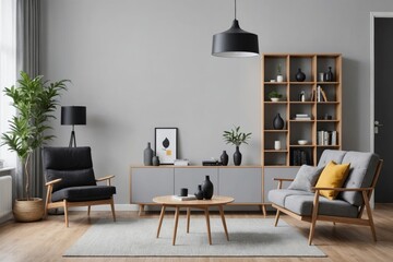 Comfortable grey furniture with wooden shelving unit and black lamp in light living room