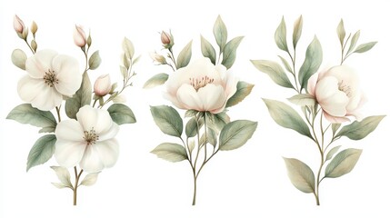 Obraz premium Three white flowers with green leaves. The flowers are arranged in a row. The flowers are very delicate and beautiful