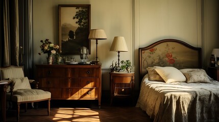 Guest room with a vintage aesthetic and antique furniture