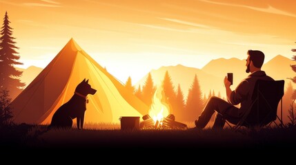 Fototapeta premium A peaceful camping scene with a man and his dog by a campfire, surrounded by mountains and trees at sunset.