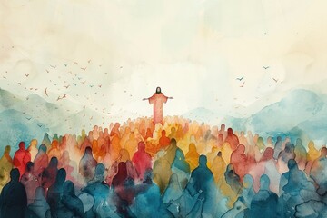 Minimalist Watercolor Illustration of Jesus Feeding the Hungry Masses, Capturing the Beauty of the Miracle of the Five Thousand