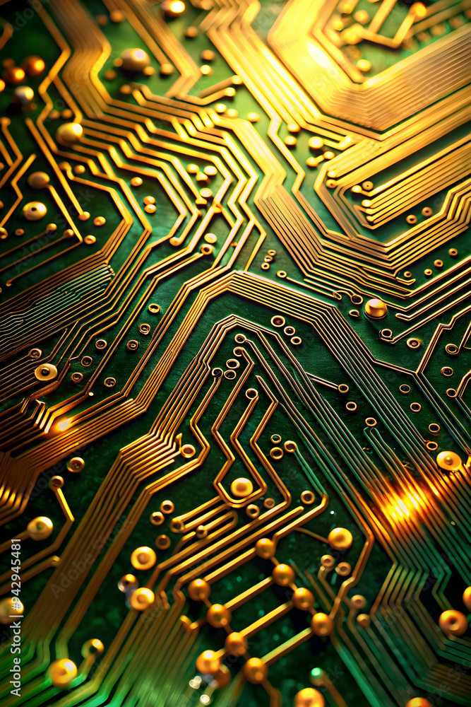 Poster golden pathways of technology: a close-up view of a circuit board, illuminated with golden light, hi