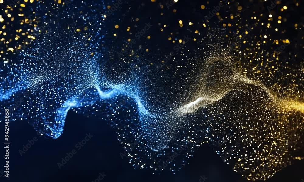 Poster mesmerizing golden and blue particles dance and swirl in an ethereal display of light, creating an e