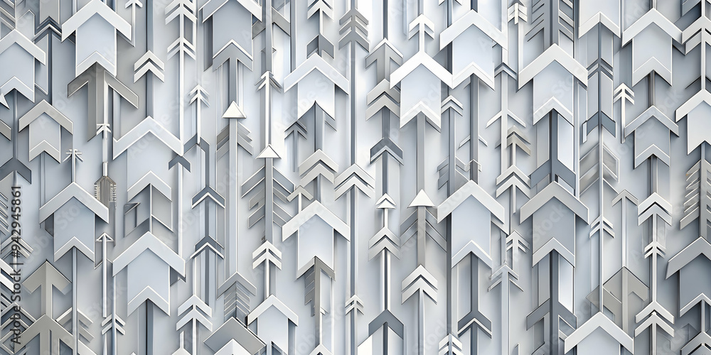 Poster Intertwined Arrows: An abstract 3D render of white, gray, and beige arrows interlocked in a dynamic pattern. Ideal for concepts of direction, movement, and complexity. 