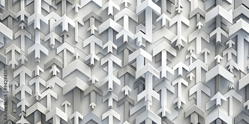 Poster intertwined arrows: an abstract 3d render of white, gray, and beige arrows interlocked in a dynamic 