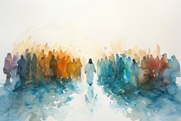 Minimalist Watercolor Illustration of Jesus Feeding the Hungry Masses, Capturing the Beauty of the Miracle of the Five Thousand