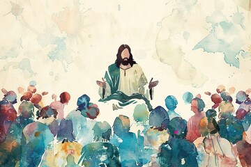 Minimalist Watercolor Illustration of Jesus Feeding the Hungry Masses, Capturing the Beauty of the Miracle of the Five Thousand