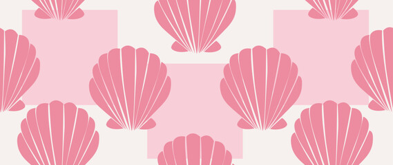Vector flat illustration. Seamless sea shells. Relaxation concept. In cartoon style. Cute print. Ideal for gift wrapping, posters, covers, screensavers, textile decor, etc.