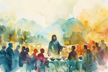 Minimalist Watercolor Illustration of Jesus Feeding the Hungry Masses, Capturing the Beauty of the Miracle of the Five Thousand