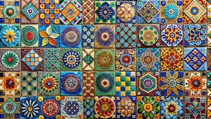 Colorful mosaic tiles in various shapes and sizes creating a vibrant and intricate pattern, mosaic, tiles, colorful