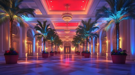 Obraz premium Luxurious Ballroom with Detailed Ceiling, Potted Palm Trees, and Warm Ambient Lighting Accented by Red and Blue Uplighting