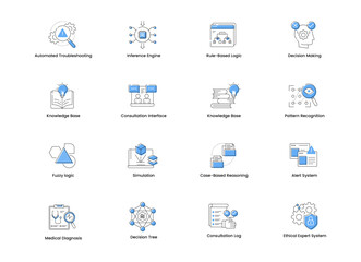 Automated Troubleshooting. A versatile icon set representing various AI and expert system functions, ideal for use in tech interfaces, troubleshooting tools, and decision-making systems