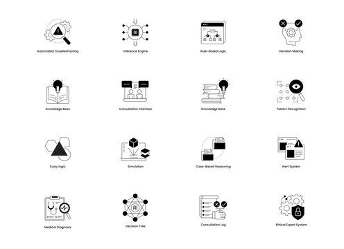 Expert Systems. A modern icon set representing key components of AI expert systems, including decision-making tools, inference engines, and consultation interfaces, ideal for technology platforms, edu