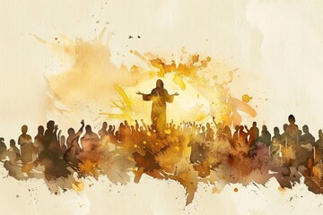 Minimalist Watercolor Illustration of Jesus Feeding the Hungry Masses, Capturing the Beauty of the Miracle of the Five Thousand