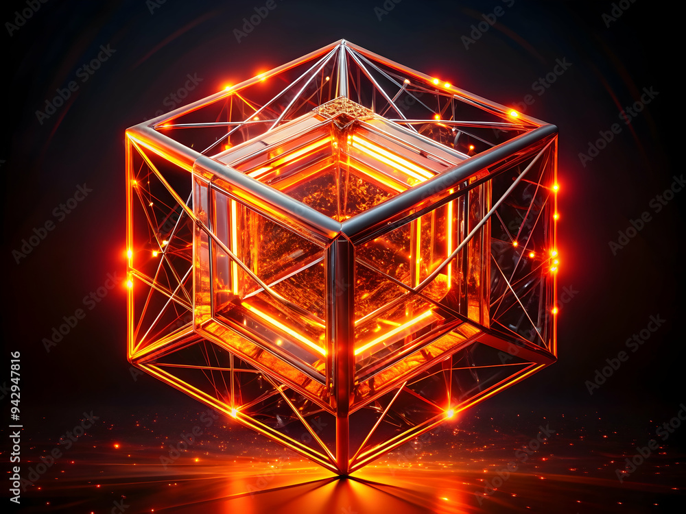 Poster glowing cube: a futuristic, abstract 3d rendering of a glowing orange cube with a complex, geometric