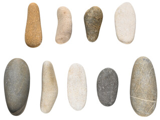 Set different oval sea pebble stones isolated on a transparent background.