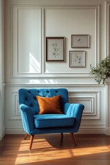 Cozy Blue Armchair with Orange Cushion in Elegant Living Room with White Paneled Walls and Wooden Floor