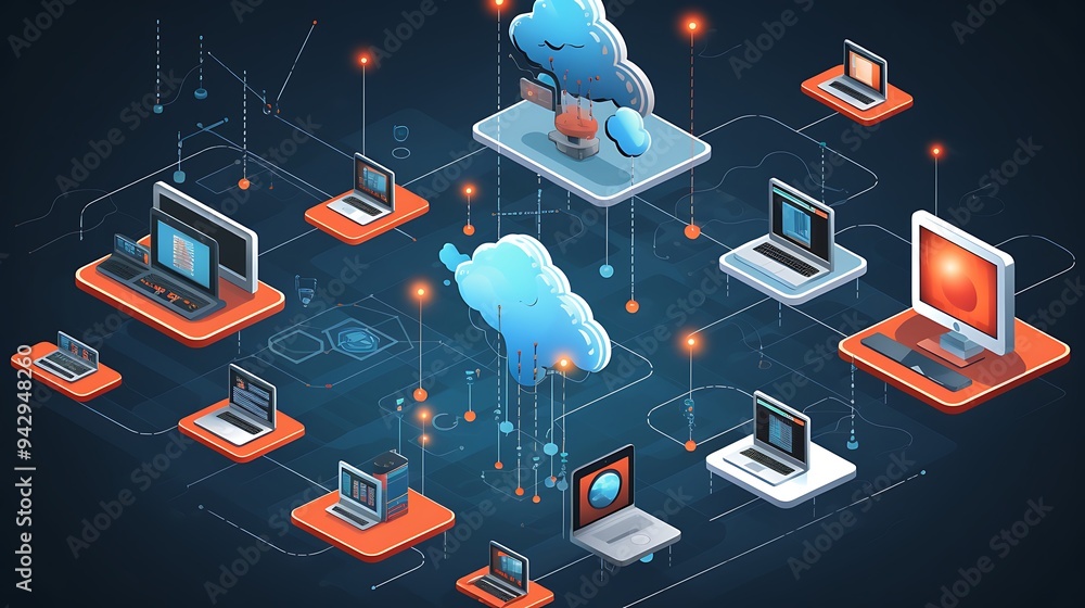 Poster illustration of a cloud network connecting various devices in a secure environment