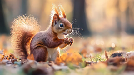 Obraz premium A cute young red squirrel in a natural park, bathed in warm morning light. The playful squirrel, curious about its surroundings, is colorful and engaging as it jumps, climbs trees, runs, and eats.
